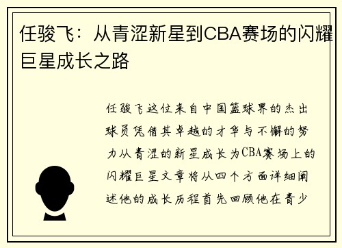 任骏飞：从青涩新星到CBA赛场的闪耀巨星成长之路