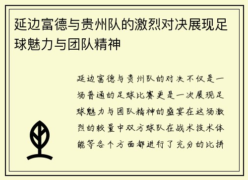 延边富德与贵州队的激烈对决展现足球魅力与团队精神